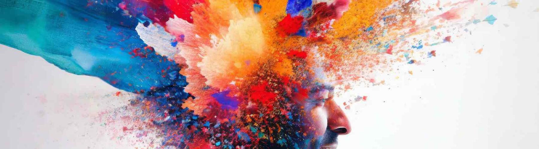 Colorful painted explosion in head. Concept of creative mind and imagination. Silhouette of human hand with colored fragments